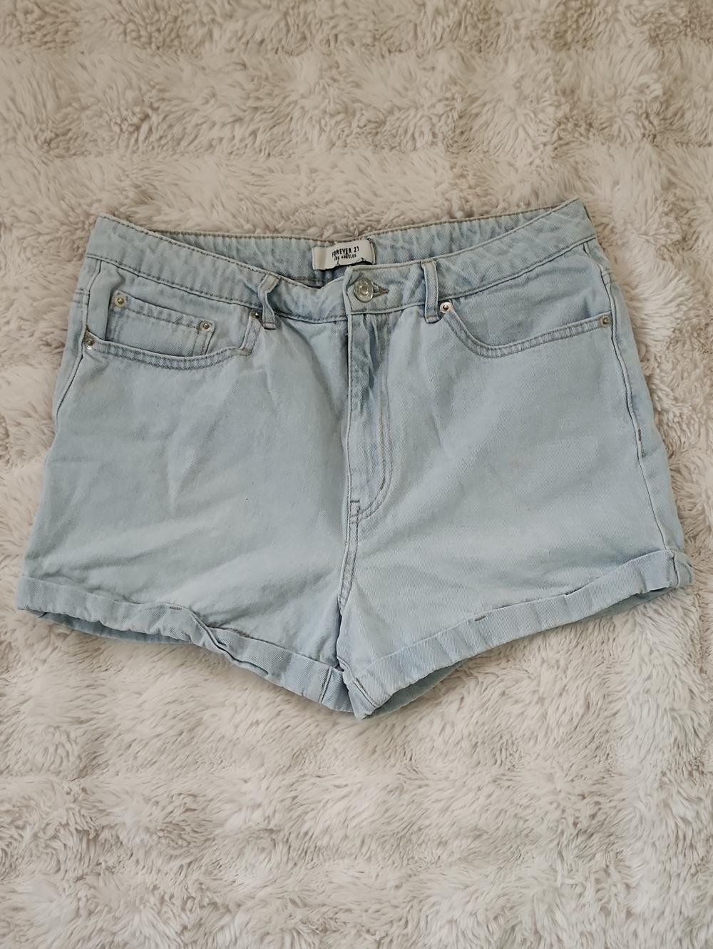 Forever 21 Light Blue Denim High-Rise Rolled Hem Shorts
